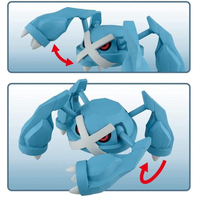 A model kit figure of Metagross, the Steel- and Psychic-type Pokémon, posed in a sturdy stance with its four large, metallic blue legs spread wide. Its red eyes peer from beneath a bold silver X-shaped marking across its face, giving it an intense expression. The figure features sharp white claws on each leg, and its angular design emphasizes its robotic and powerful appearance. The background is plain white.