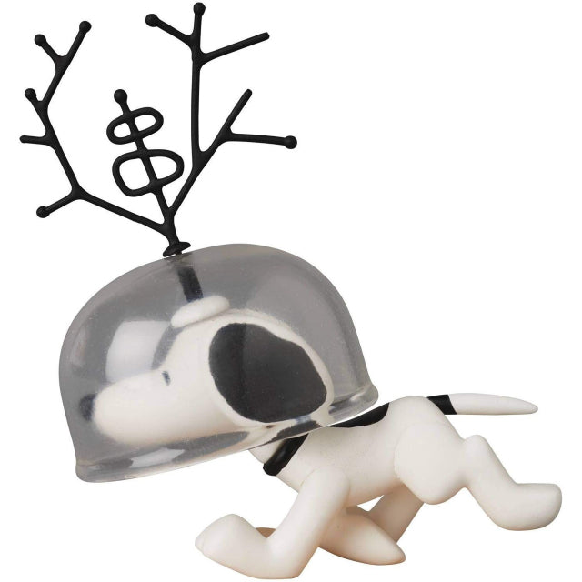 A collectible figure of Snoopy dressed as an astronaut from the Peanuts series. The figure depicts Snoopy in a crawling pose, wearing a transparent space helmet with a black antenna-like structure attached to the top. His classic white body with black ears and a small black collar remain visible. The design is inspired by Snoopy’s role as a space explorer.