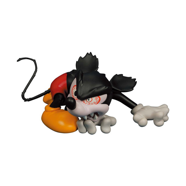 A collectible figure of Mickey Mouse in his monstrous 'Runaway Brain' form. This detailed Medicom Ultra Detail Figure (UDF) depicts Mickey crouched in a feral stance with wild black fur, glowing red eyes with intricate vein details, and sharp teeth bared. He wears his signature red shorts and oversized yellow shoes, with clawed hands reaching forward and a twisted tail extending behind him. The figure captures an intense and dynamic pose from the 'Runaway Brain' animated short.